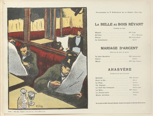 Program for The Dreaming Beauty (La Belle au bois rêvant), Silver Wedding (Mariage d'argent) and Ahasuerus (Ahasvère) from The Beraldi Album of Theatre Programs by Henri Gabriel Ibels, print, 1893