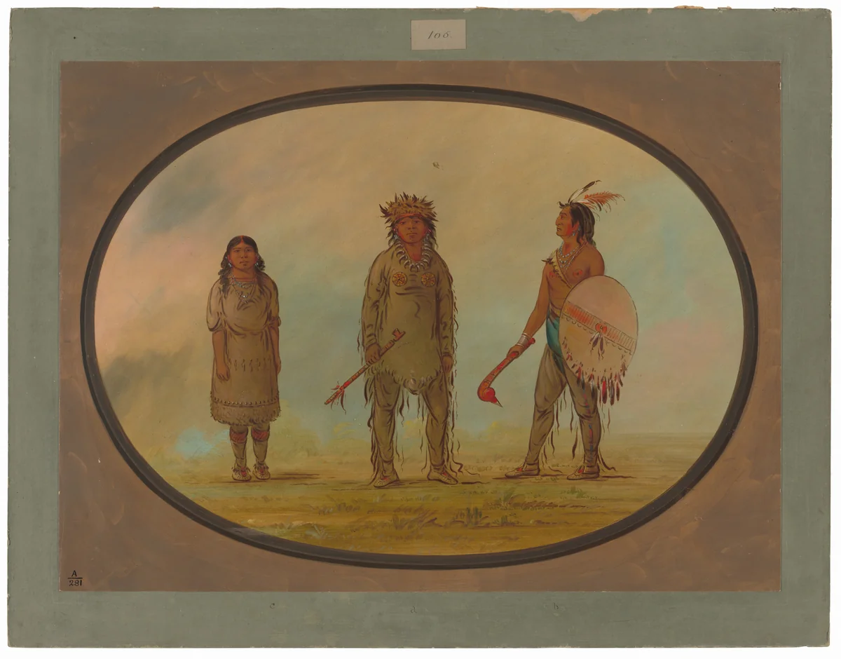 Athapasca Chief, His Wife, and a Warrior by George Catlin, painting, 1855-1869
