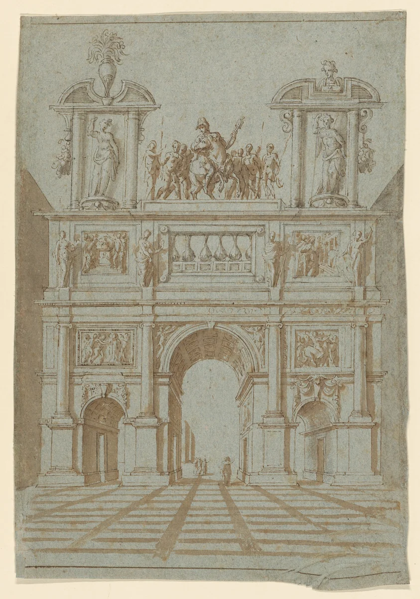 Design for a Triumphal Arch in Perspectival Rendering by anonymous, drawing, 1600-1630