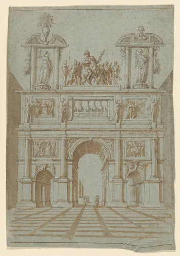 Design for a Triumphal Arch in Perspectival Rendering by anonymous, drawing, 1600-1630