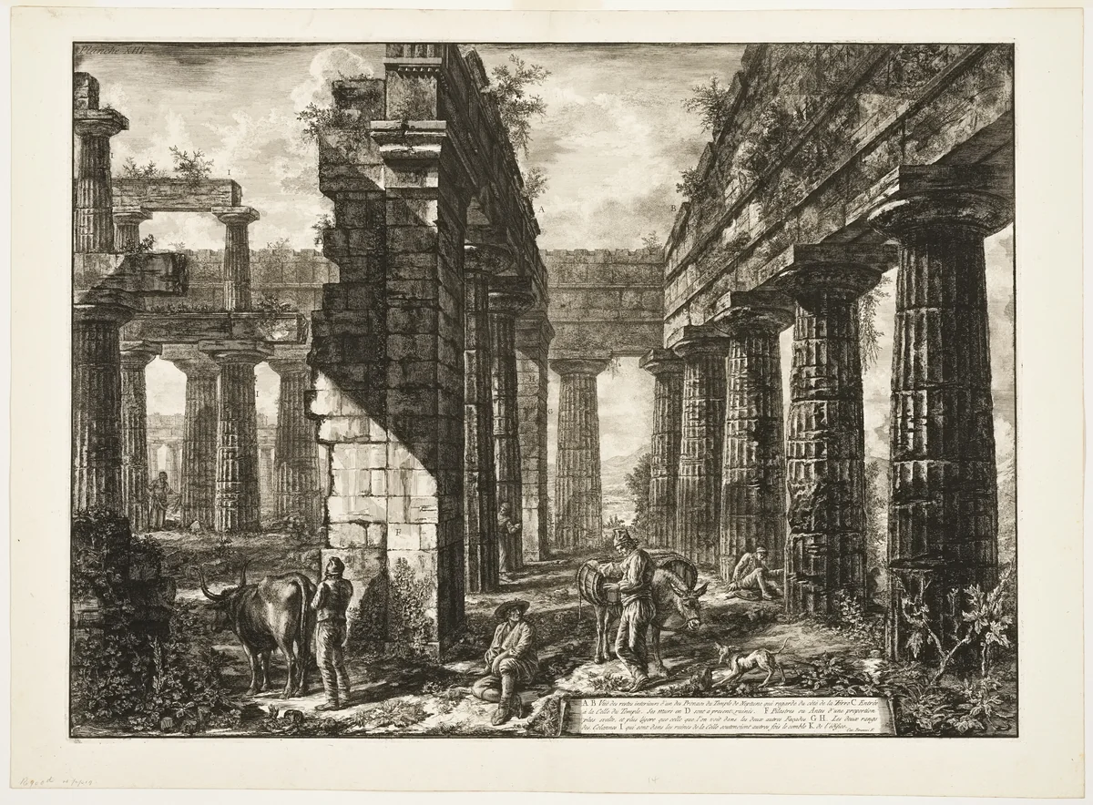 Interior view of the remains of one of the pronaoi of the Temple of Neptune which faces inland, from Different views of Paestum by Giovanni Battista Piranesi, print, 1778
