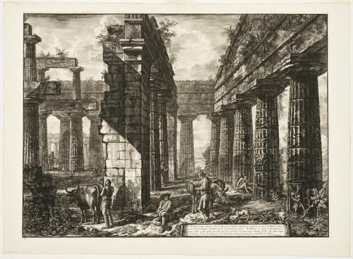 Interior view of the remains of one of the pronaoi of the Temple of Neptune which faces inland, from Different views of Paestum by Giovanni Battista Piranesi, print, 1778