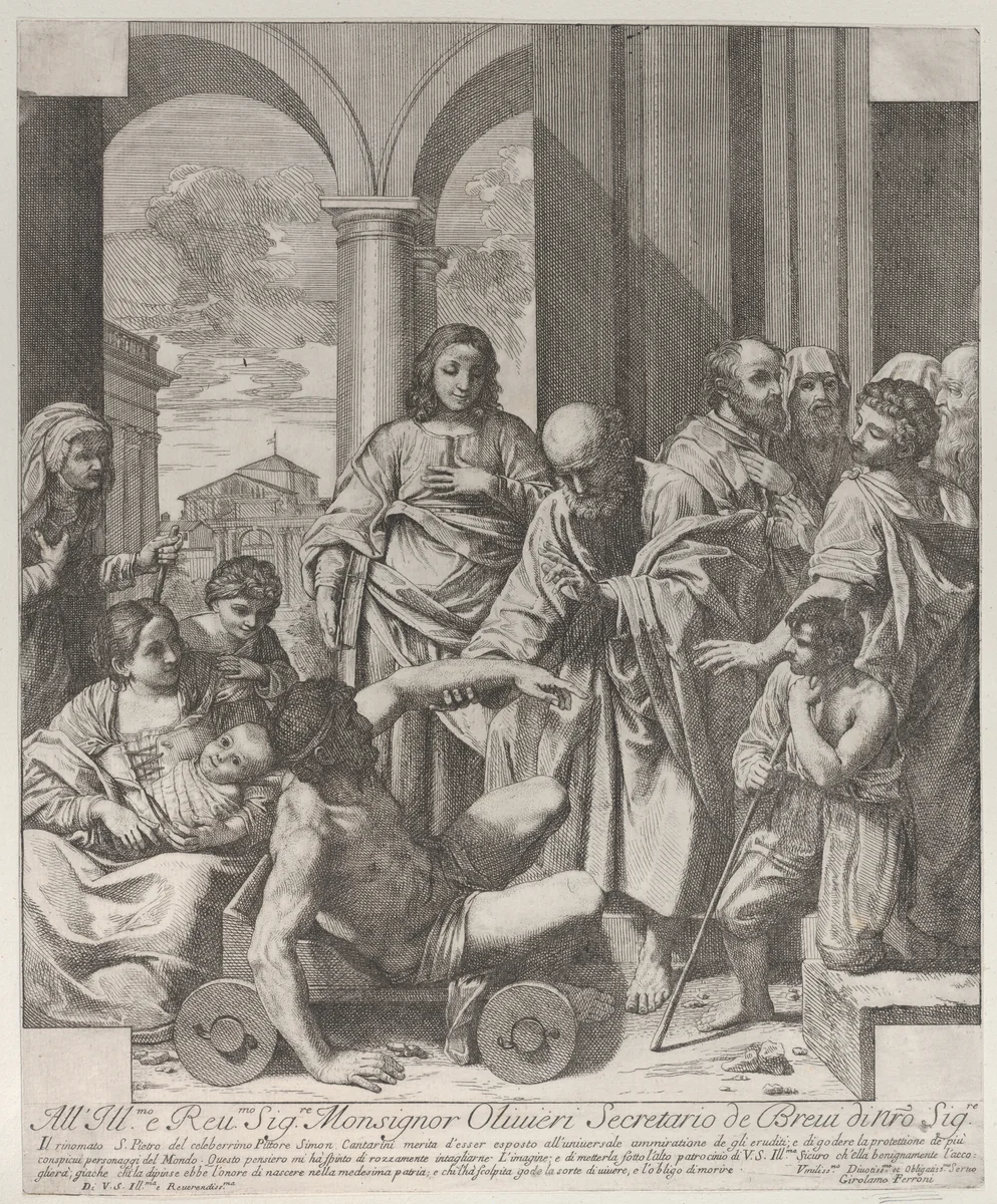 Saints Peter and John healing the sick at the gate of the temple by Hieronymus Ferroni, print, 1705-1730