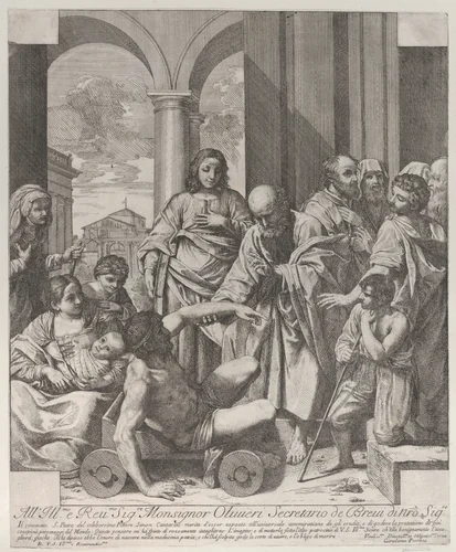 Saints Peter and John healing the sick at the gate of the temple by Hieronymus Ferroni, print, 1705-1730