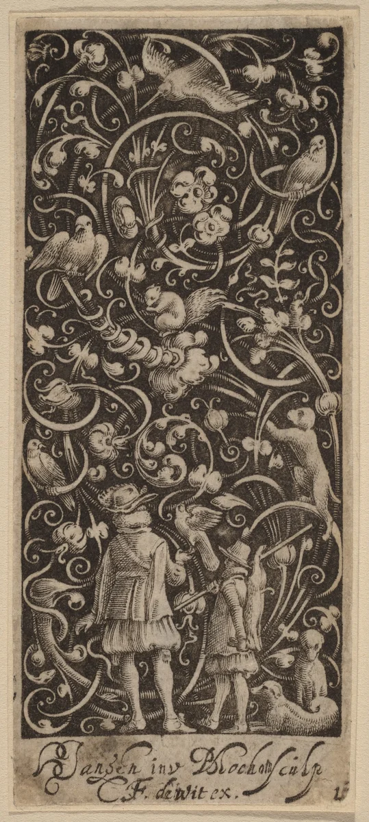Ornament with Foliage and Birds by Bartolomeus van Lochom; Hans Janssen; Frederik de Wit, print, 1607-1628