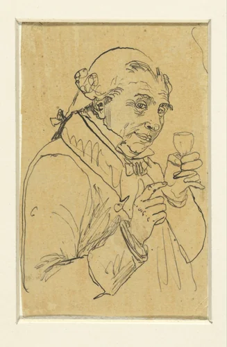 Oud heertje in 18e eeuws kostuum, in de linkerhand een glas wijn heffend by Rodolphe Bresdin, drawing, 1832-1885
