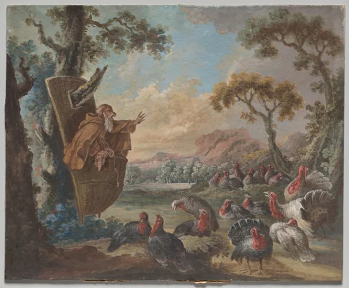 Monkey Preaching to Turkeys by Christophe Huet, drawing, 1750-1799