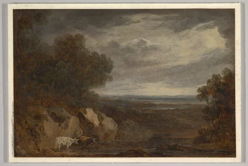 A wooded river landscape with cattle by Benjamin Barker, drawing, 1826