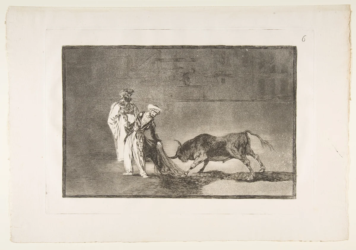 Plate 6 from "La Tauromaquia": The Moors make a different play in the ring calling the bull with their burnous by Goya, print, 1816