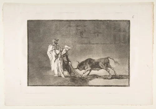 Plate 6 from "La Tauromaquia": The Moors make a different play in the ring calling the bull with their burnous by Goya, print, 1816