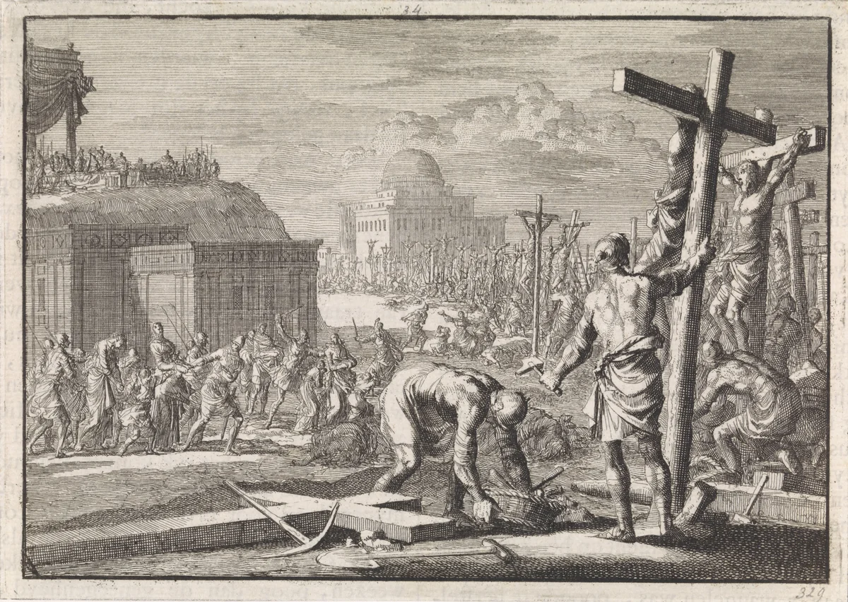Alexander Joannes, vorst der Joden, laat tegen hem gekante onderdanen kruisigen by Jan Luyken, print, 1704