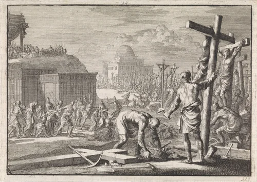 Alexander Joannes, vorst der Joden, laat tegen hem gekante onderdanen kruisigen by Jan Luyken, print, 1704