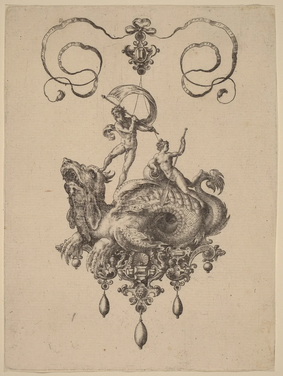 Design for a Pendant with a Sea-Monster Carrying Thetis and a Man with a Sail by Adriaen Collaert, print, 1582