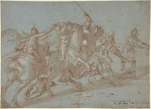 Classical Battle Scene; Verso: Peter and John Heal a Cripple at the Gate of the Temple by Bartholomeus Spranger, drawing, 1585-1595