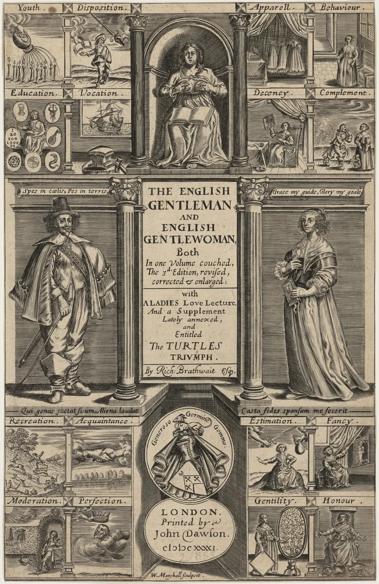 Title page to Richard Brathwait, English Gentleman and English Gentlewoman by William Marshall, print, 1569-1677