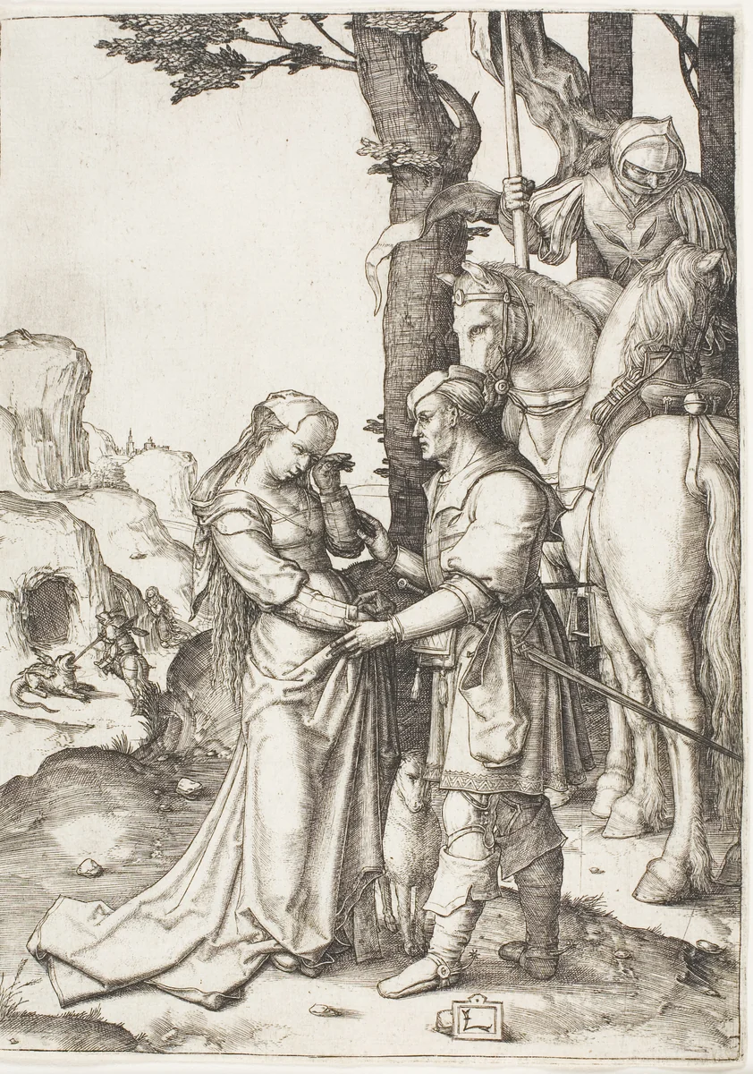 Saint George Liberating the Princess by Lucas van Leyden, print, 1503-1513