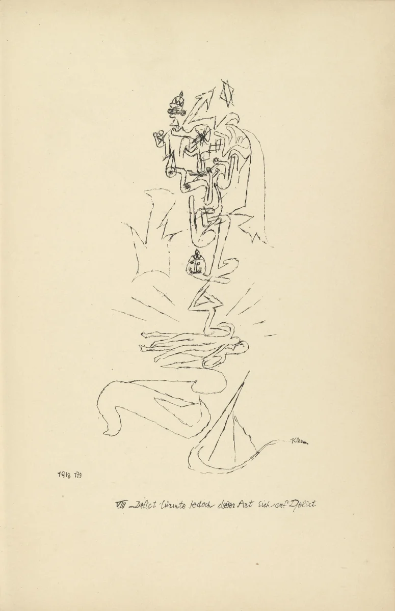 One Iniquity Upon the Other Piled Up in This Way (plate facing page 76) from Potsdamer Platz oder Die Nächte des neuen Messias. Ekstatische Visionen (Potsdamer Platz or The Nights of the New Messiah. Ecstatic Visions) by Paul Klee, illustrated book, 1919