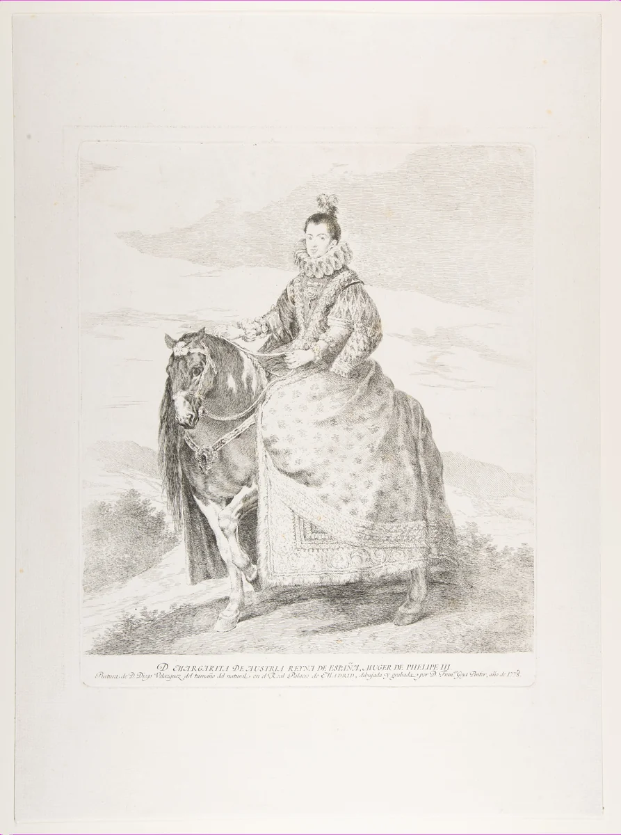 Margaret of Austria on horseback, after Velázquez by Goya, print, 1778