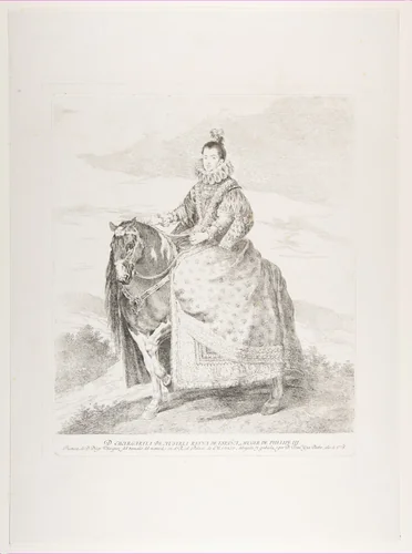 Margaret of Austria on horseback, after Velázquez by Goya, print, 1778