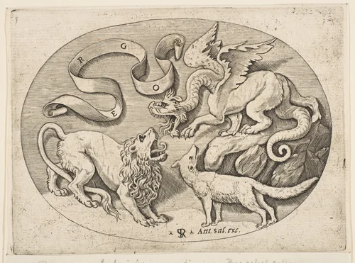 A lion, dragon and fox fighting each other, an inscribed banderole above, an oval composition by Marco Dente, print, 1510-1532
