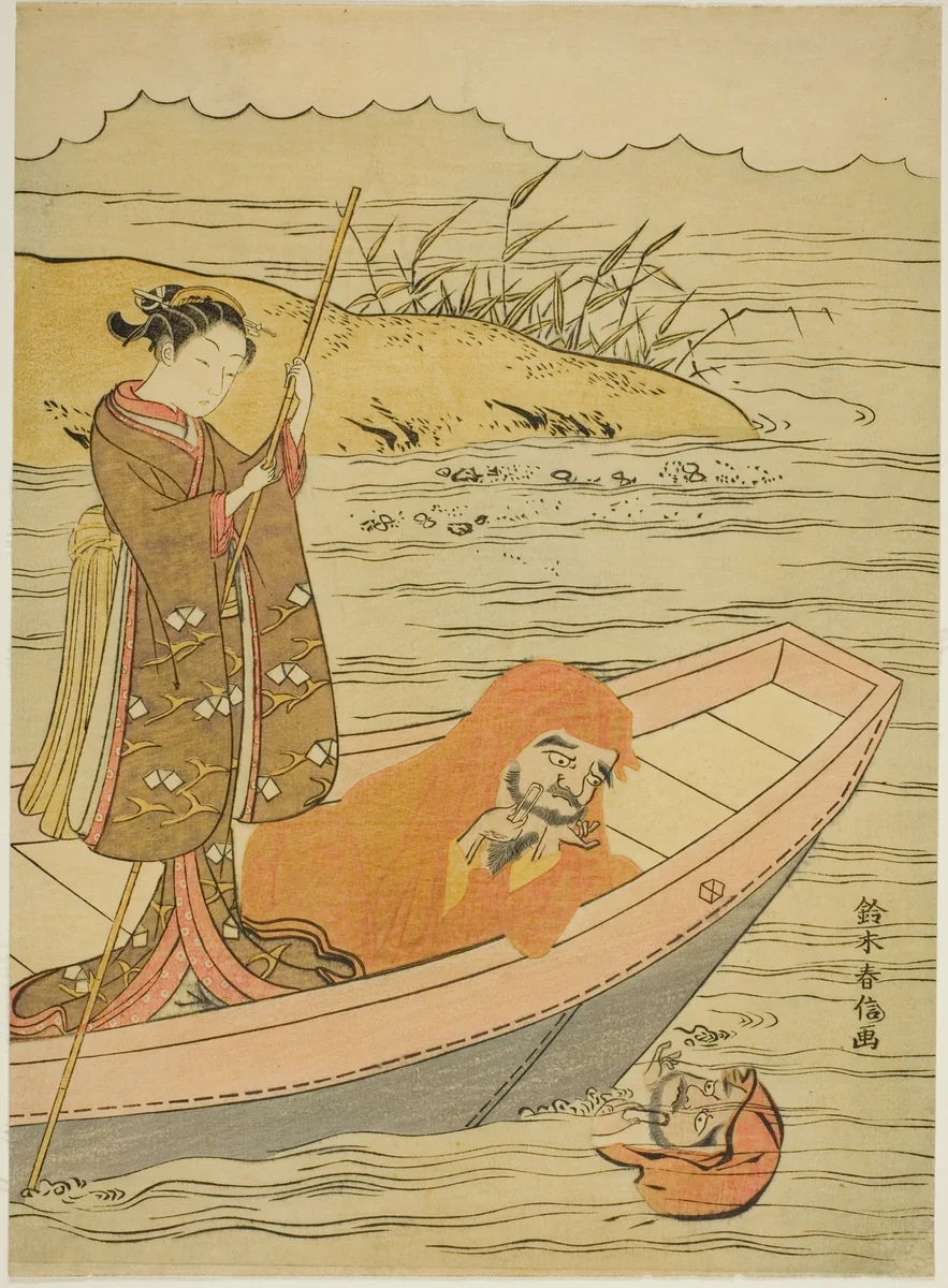 Daruma looking at his reflection by Suzuki Harunobu (鈴木春信), print, 1762-1770
