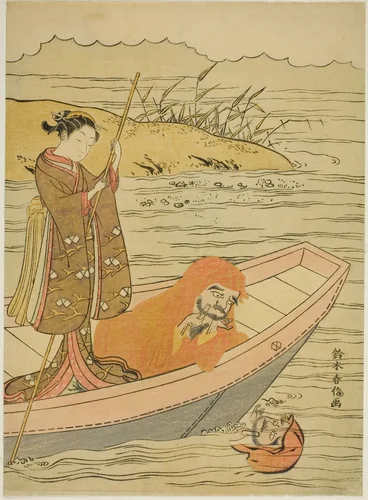 Daruma looking at his reflection by Suzuki Harunobu (鈴木春信), print, 1762-1770