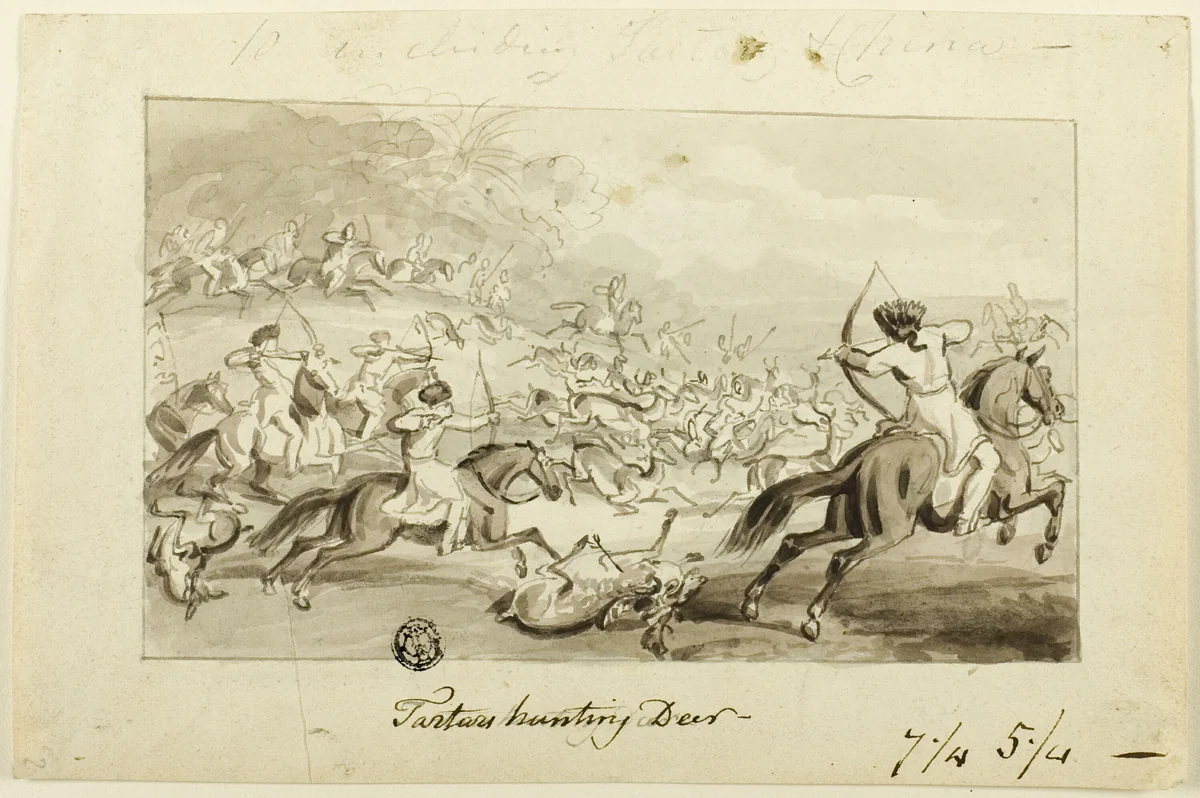 Tartars Hunting Deer (recto); Shell (verso) by Samuel Howett, drawing, 1785-1899