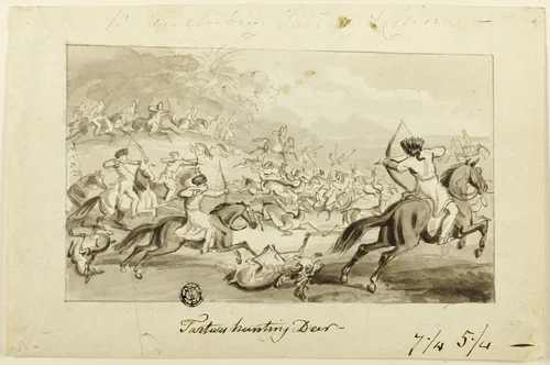Tartars Hunting Deer (recto); Shell (verso) by Samuel Howett, drawing, 1785-1899