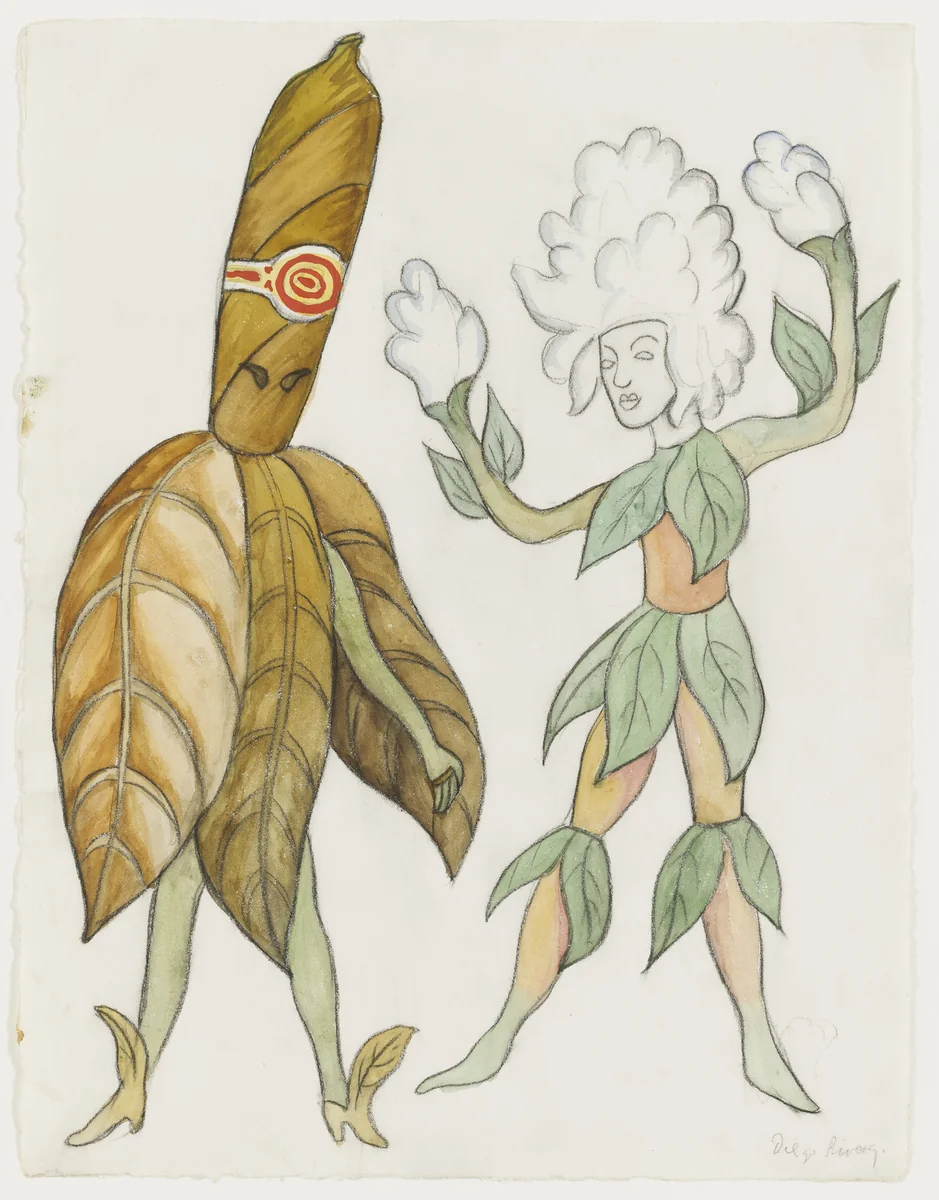 Tobacco – Cotton. Costume design for the ballet H.P. (Horsepower) by Diego Rivera, drawing, 1927
