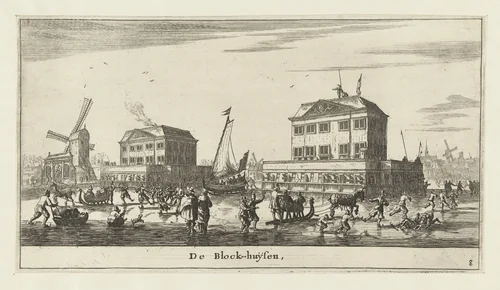 Blokhuizen op de Amstel by Reinier Nooms, print, 1652-1654