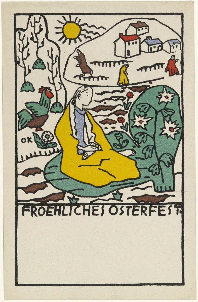 Girl in Meadow Before a Village (Mädchen auf Wiese vor einem Dorf (postcard) by Oskar Kokoschka, print, 1908