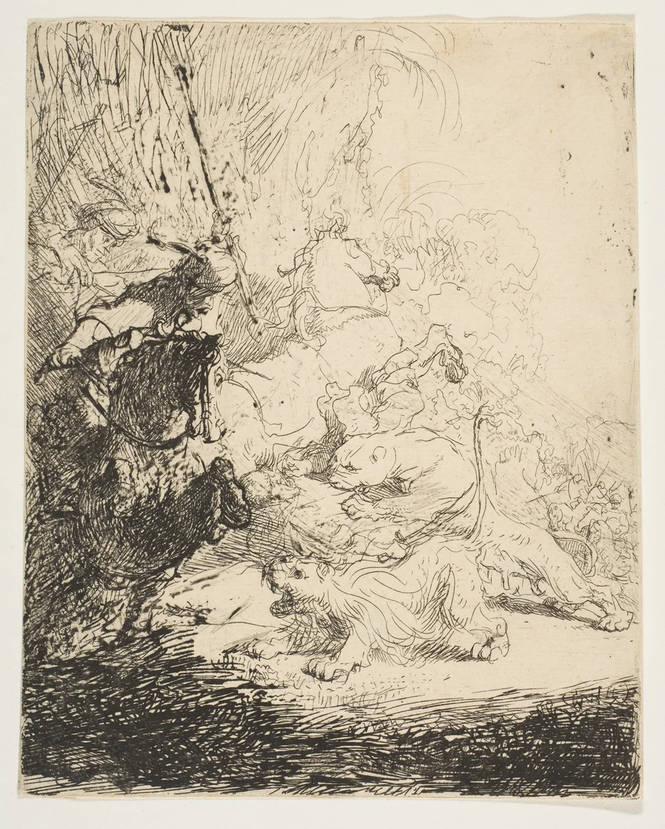 The small lion hunt, with two lions by Rembrandt van Rijn, print, 1627-1637