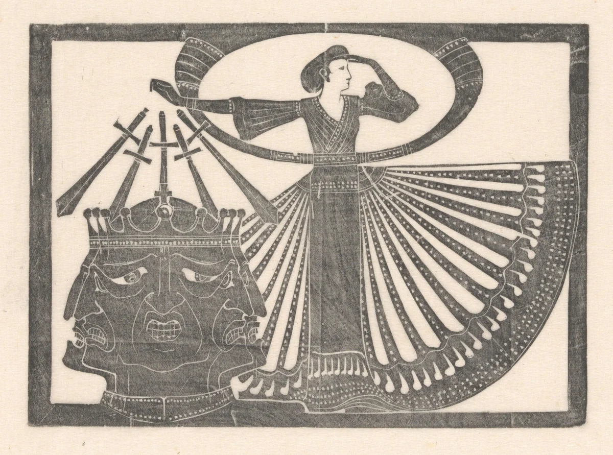 Vrouw naast hoofd met meerdere gezichten by Karel Petrus Cornelis de Bazel, print, 1894