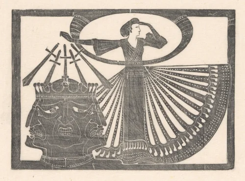 Vrouw naast hoofd met meerdere gezichten by Karel Petrus Cornelis de Bazel, print, 1894