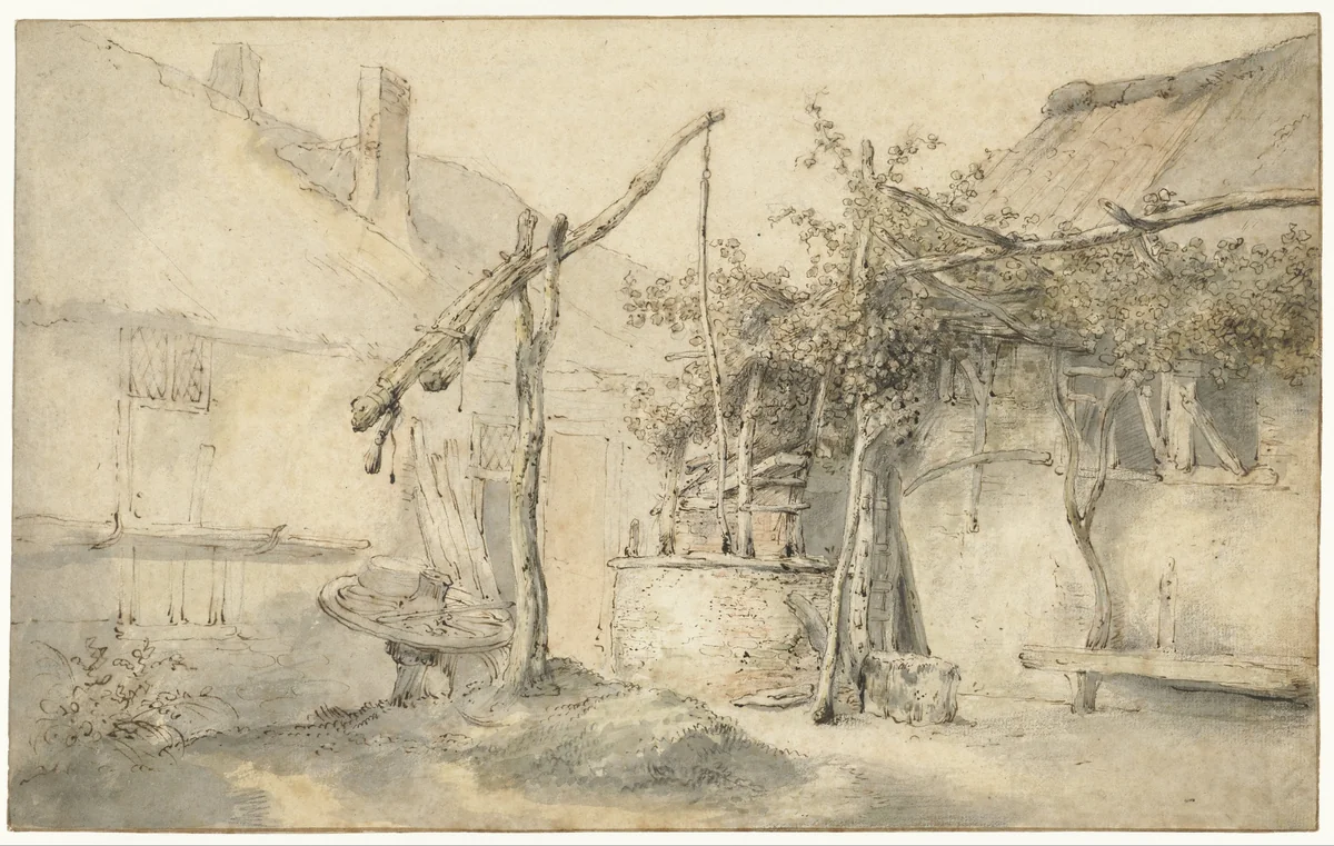 Farmhouse with a Well by Cornelis Dusart, drawing, 1670-1704