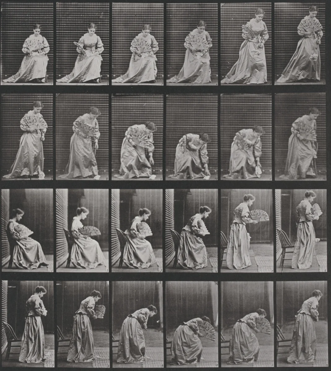 Plate Number 250. Rising from chair, stooping and lifting handkerchief by Eadweard Muybridge, photograph, 1887