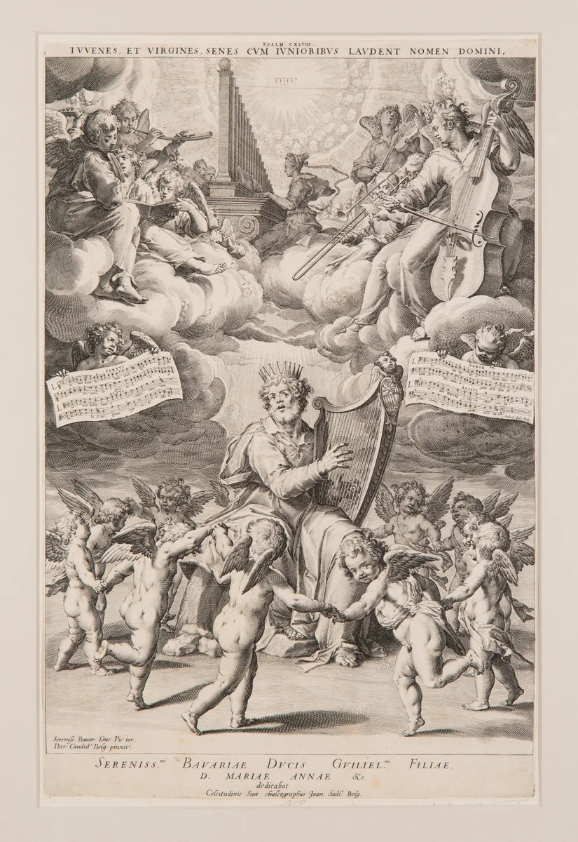 King David Playing the Harp with Angels Dancing and Playing Music by Johann Sadeler I, print, 1590-1600