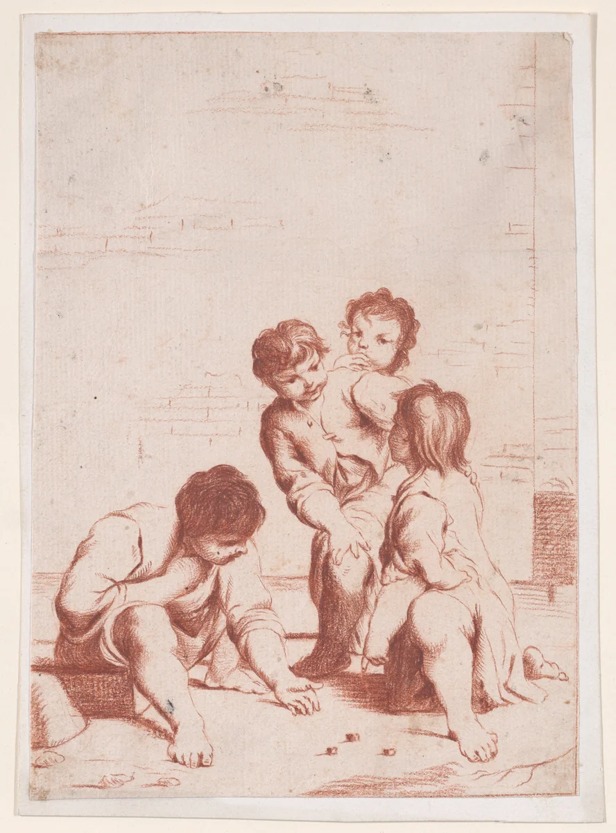 Four children playing with dice by anonymous, drawing, 1700-1800