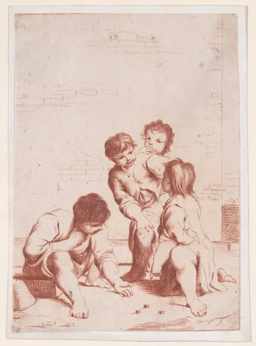 Four children playing with dice by anonymous, drawing, 1700-1800