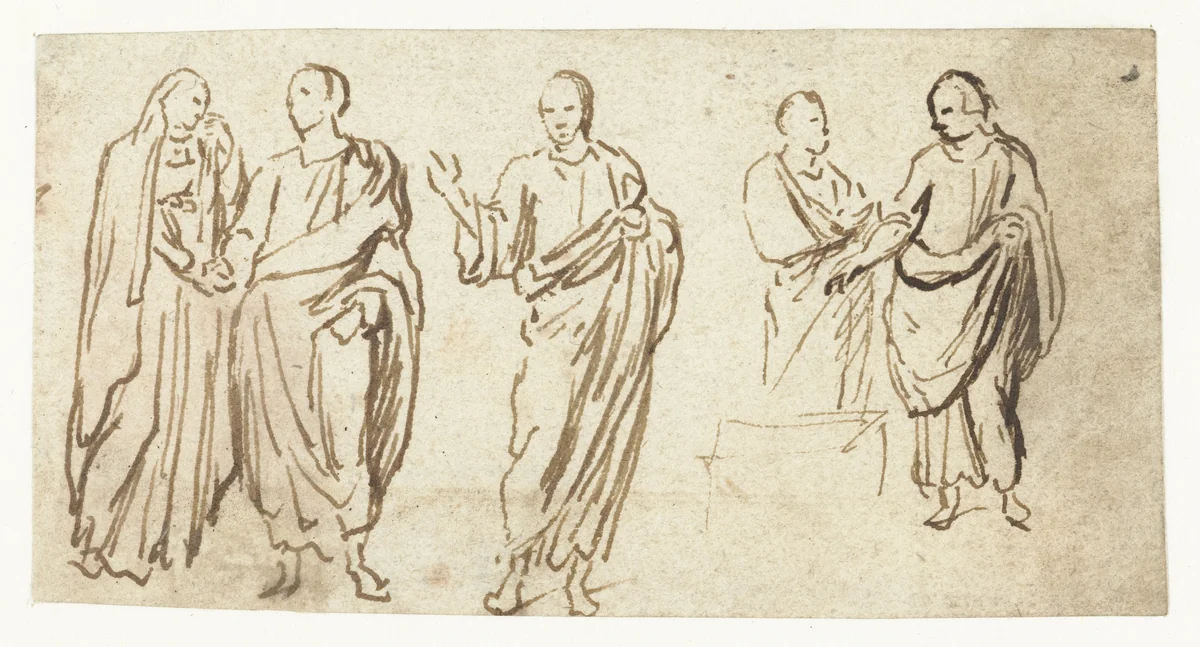 Vijf figuren in toga's nemen afscheid by Lambert Lombard, drawing, 1537-1539