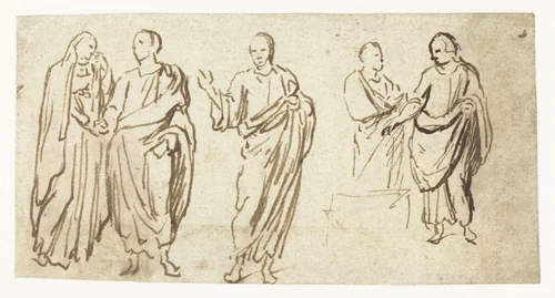 Vijf figuren in toga's nemen afscheid by Lambert Lombard, drawing, 1537-1539