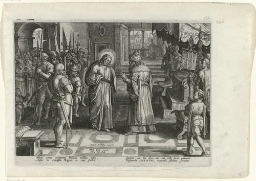 Christus voor Pilatus by Unknown, print, 1585-1586