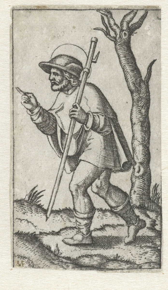 Heilige Rochus als pelgrim met pelgrimsstaf by anonymous, print, 1500-1575