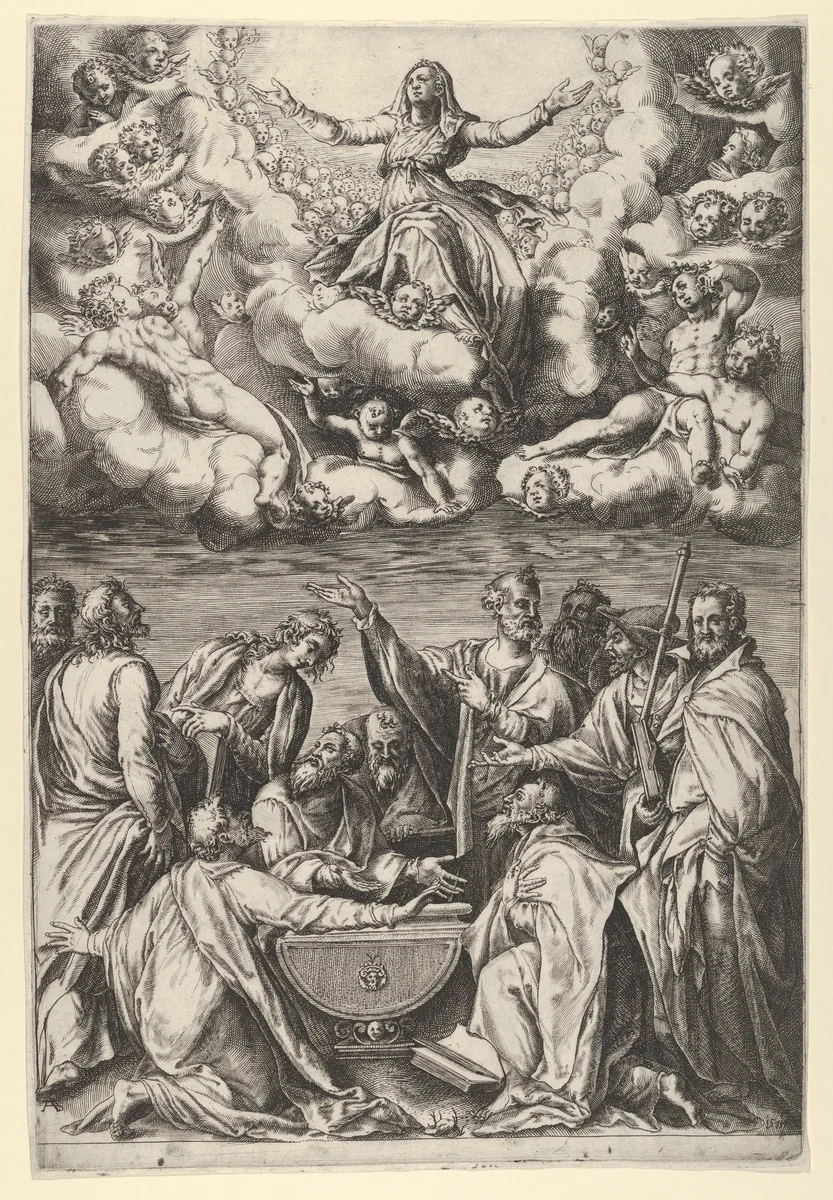 The Assumption of the Virgin with the Virgin surrounded by cherubs and with the Apostles Below by Cherubino Alberti, print, 1574