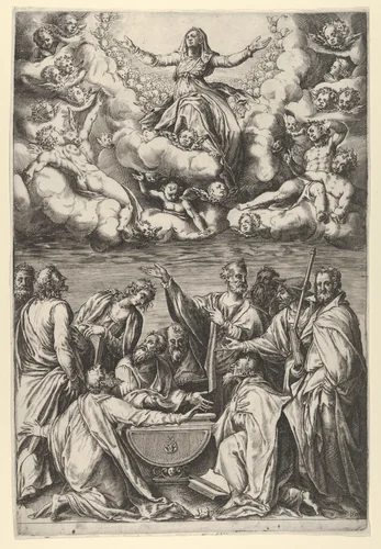 The Assumption of the Virgin with the Virgin surrounded by cherubs and with the Apostles Below by Cherubino Alberti, print, 1574