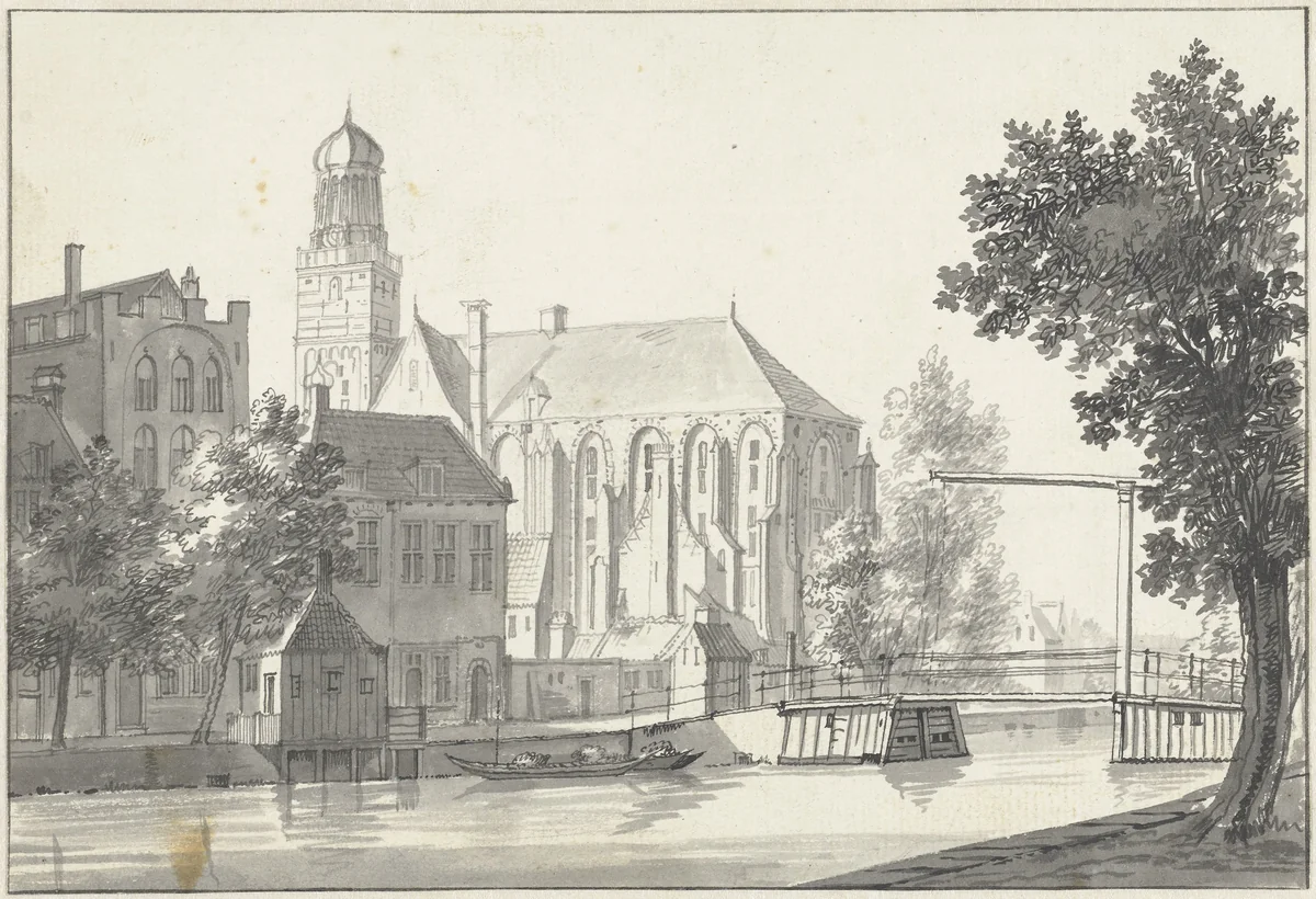 Gezicht te Utrecht met de St. Nicolaaskerk by Jan de Beijer, drawing, 1713-1780