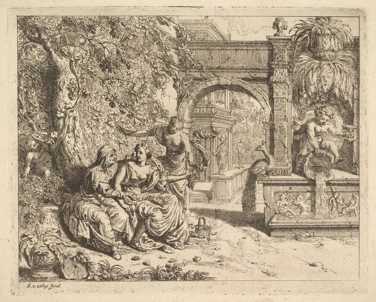 Vertumnus and Pomona by Richard van Orley, print, 1680-1730