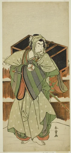 The Actor Matusmto Koshiro IV as Ise no Saburo Disguised as Mizoro no Sabu in the Play Mure Takamatsu Yuki no Shirahata, Performed at the Ichimura Theater in the Eleventh Month, 1780 by Katsukawa Shunjo, print, 1775-1785