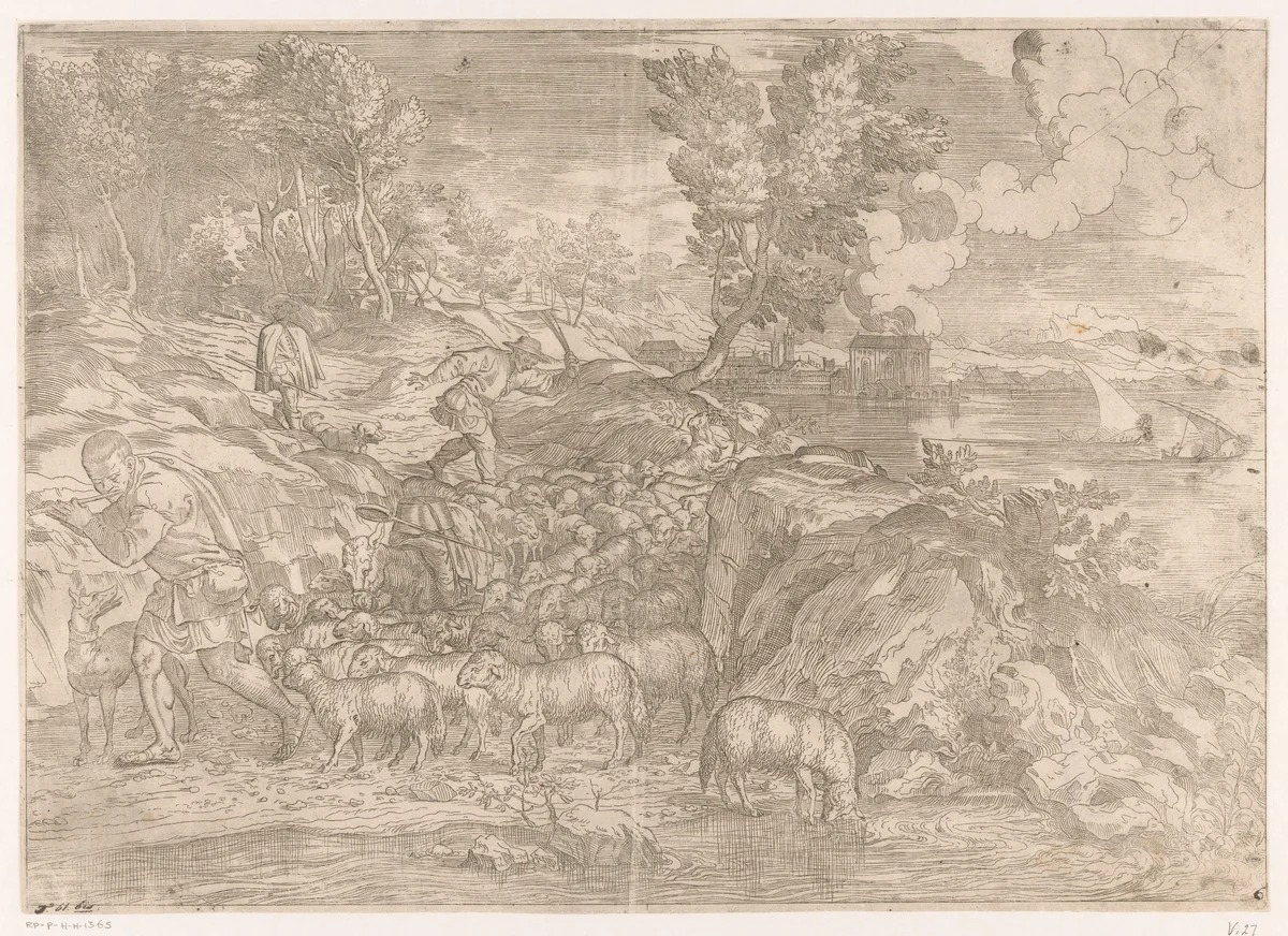 Rivierlandschap met herders by anonymous, print, 1600-1649