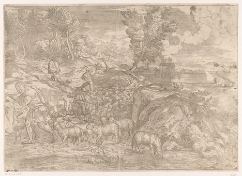 Rivierlandschap met herders by anonymous, print, 1600-1649